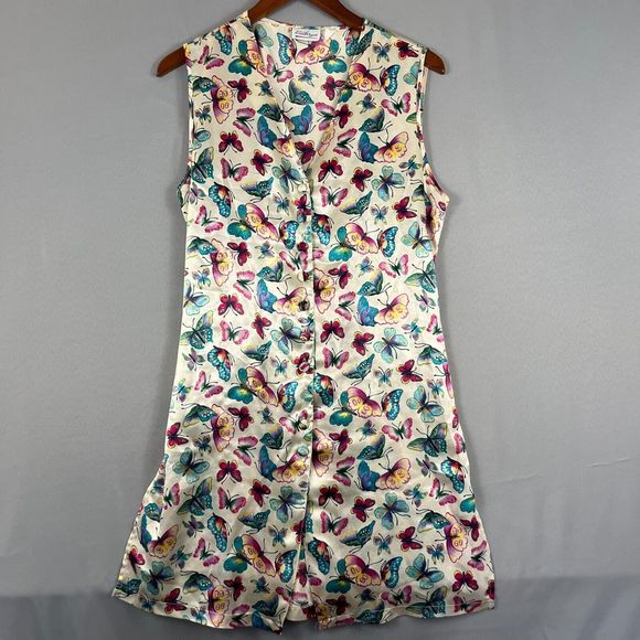 Vintage Kathryn Dress Womens Ivory Butterfly Satin Midi Front Button Slip Jumper - Picture 1 of 6